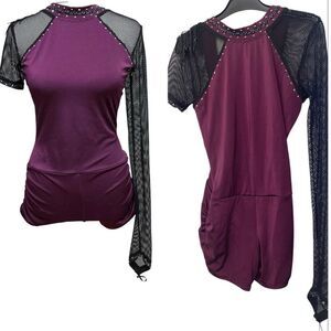 Custom Solo rhinestoned Dance Costume purple fish net leotard SA MA adult